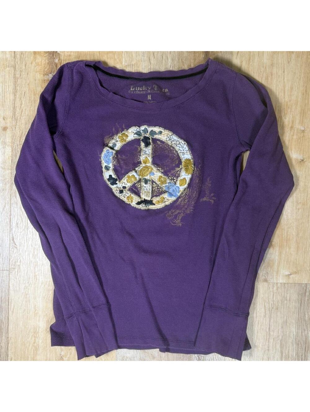 Y2K Purple Peace Sign Waffle Thermal Long Sleeve Top – Size M